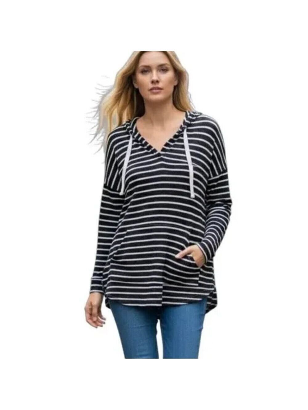 Market & Spruce Women's Kallon Brushed Knit Hoodie Sweater Black White Stripe XL